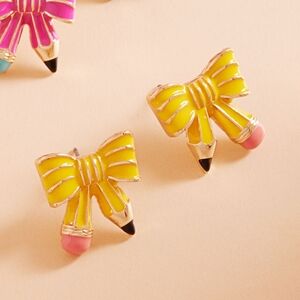 Yellow Enamel Teacher Stud Earrings Pencil Bow Gold School Gift Playful Student
